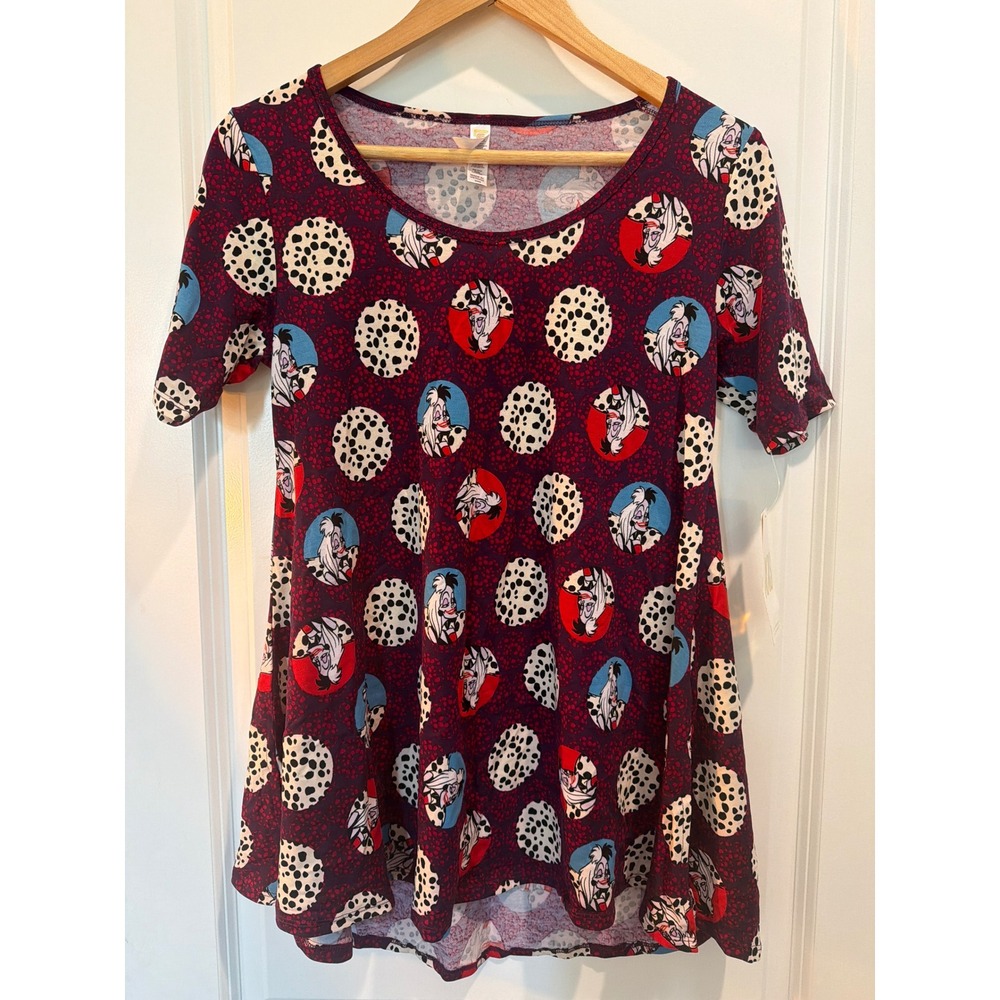 LuLaRoe Disney Cruella De Vil Perfect T Top Burgundy Dalmatian Print XXS NWT